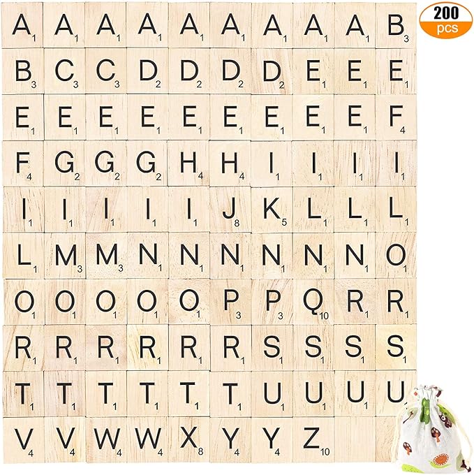 PINOWU 200pcs Wooden Letter Tiles for Scrabble Crossword Game Wood Scrabble Letters Replacement for DIY Craft Gift Decoration Scrapbooking and Making Alphabet Coaster