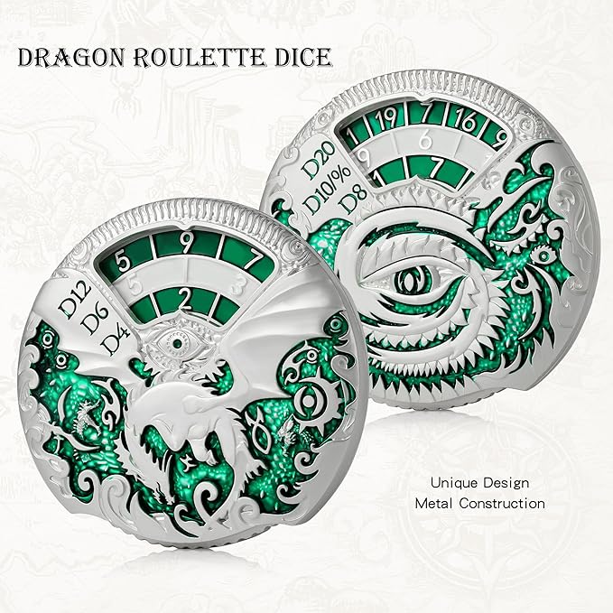 DNDND Dragon Roulette Spinner Metal Dice 7-in-1 Fidget Spinner DND Dice Set with Gorgeous Gift Box for Dungeons and Dragon and Tabletop Game (Silver with Green)