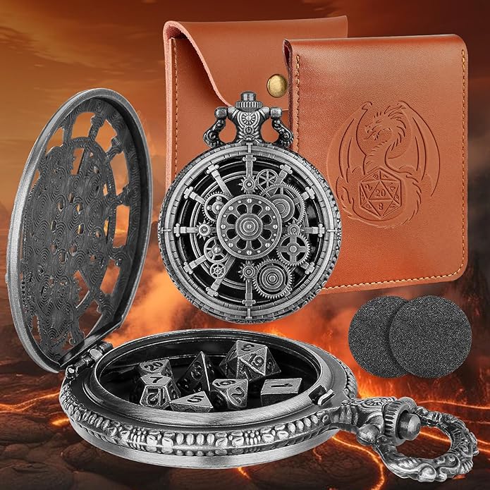 Mini DND Dice Set with Steampunk Hollow Gear Pocket Watch Shell Case, Tiny 7pcs Polyhedral Metal D&D Dice,DND Gifts with Leather Bag, Christmas Gifts, Role Playing Board Games Accessories, Silver