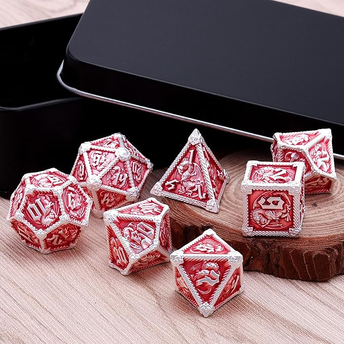 AUSTOR 7-Die Metal DND Dice Set Dungeons and Dragons Polyhedral Roll Playing Dice with Box D20 D12 D10 D% D8 D6 D4 for Pathfinder MTG RPG Board Games