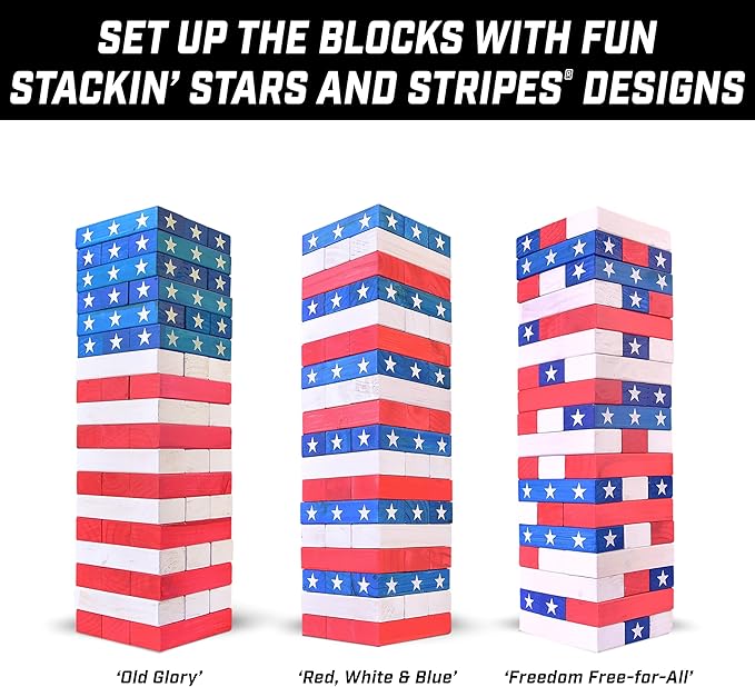 GoSports Giant Wooden Stacking Game - Stacks Up to 5 ft - Choose Brown Wood Stain, Gray, Natural, Stars & Stripes, or Tropical Hardwood - Toppling Tower