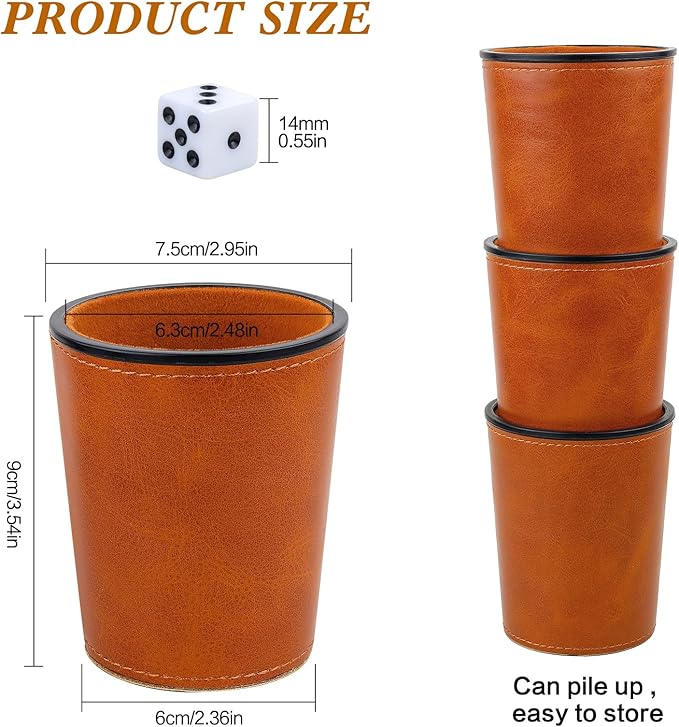 Felt-Lined PU Leather Dice Cup Set, 6 Quiet Dice Shaker Cups with 36 Dices for Bar Party Yahtzee Farkle Games, Brown