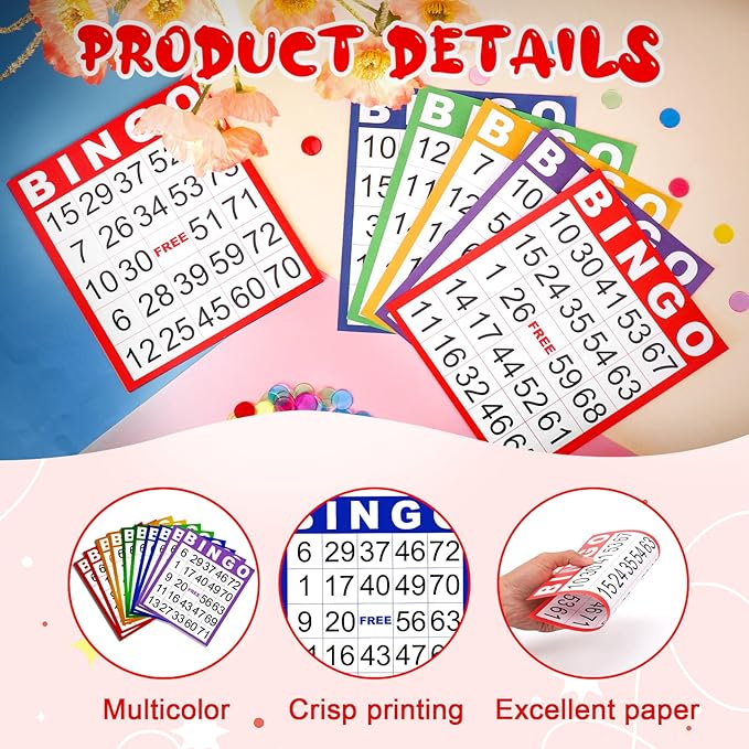 50 Sheets Double-Sided 8’’×9’’ Large Bingo Cards for Seniors Jumbo Bingo Cards and Chips Colorful Paper Sheets Deluxe Game Set with Colorful Transparent Chips Game Supplies for Adults Party Games
