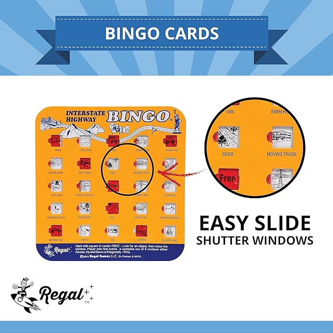 Regal Games Finger-Tip Shutter Bingo Cards with Sliding Windows - Interstate Highway Game Set - Travel Bingo Game for Adults & Kids - Reusable, No Chips & Daubers Needed - 4 Packs - Orange
