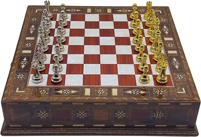 12.6’’ Handmade Walnut Chess Set with Zamak Metal Pieces, Wooden Chess Set with Storage, Birthday Gift for Him, Handmade Chess Gift, for Him (Gold-Silver Pieces)