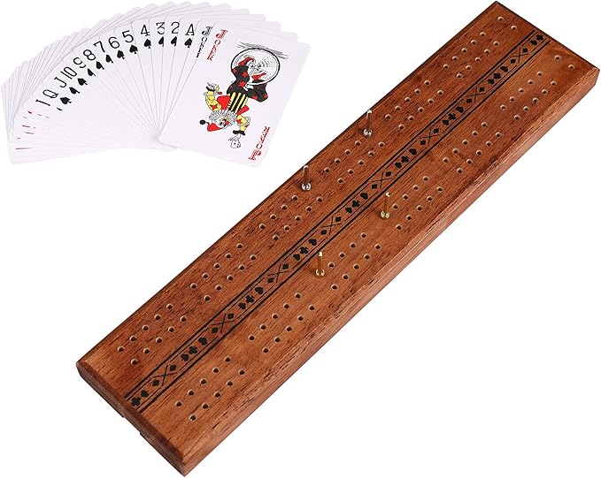 STERLING Games Wooden Cribbage 12 inch Double Track Cribbage Board Playing Cards Included, Wood Burnt Unique Poker Design Cribbage Board for 2 Persons