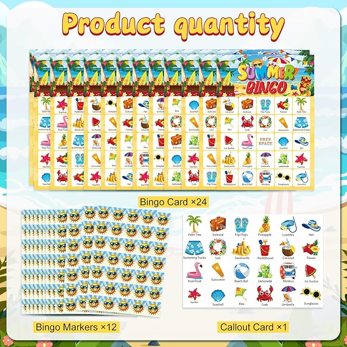 M AMFEOV Summer Bingo Game, Luau Summer Party Bingo Activities for 24 Players, Aloha Tropical Luau Party Games Supplies, Hawaiian Board Game for Summer Fun