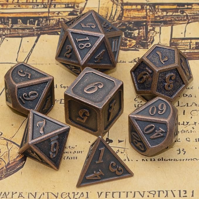 Metal Dice Set, HNCCESG Polyhedral D&D Dice for Dungeons and Dragons RPG DND Dice for Role Playing MTG Tabletop Gaming Shadowrun Pathfinder 7PCS D20 D12 D10 D8 D6 D4（Antique Copper）