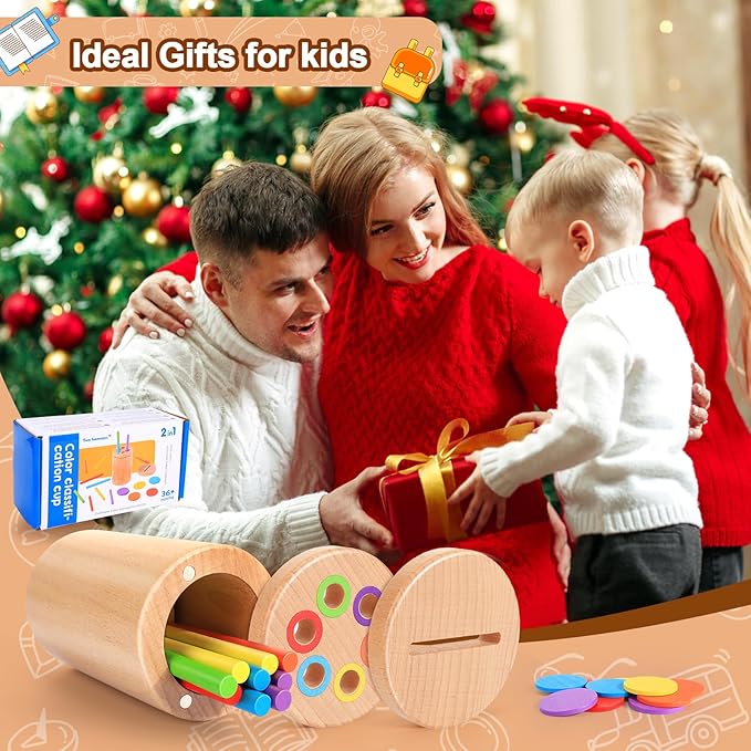 BUSOHA 2-in-1 Montessori Wooden Color Sorting Sensory Toys for 1-3 Year Old Toddlers - Fine Motor Skills Developmental Games, Travel Toys, Busy Board Gifts for Baby Boys & Girls