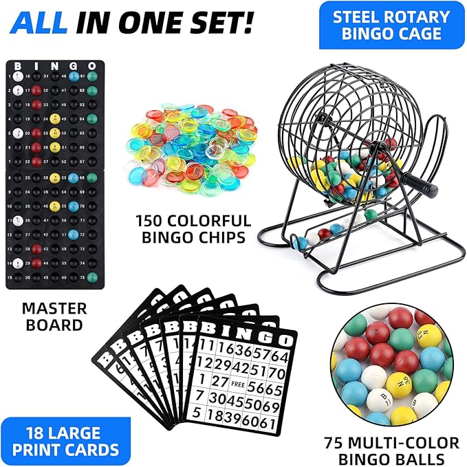 Deluxe Bingo Game Set Includes 18 Mixed Cards, 150 Vibrant Chips, 75 Calling Balls, 8” Bingo Cage - Premium Bingo Set for Large Groups and Parties