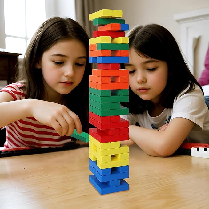 GOTHINK Tumble Tower Game for Kids and Adults, 60pcs Wooden Stacking Board Games Building Blocks for Kids and Family Games Night, Colorful Wood Balancing Blocks Game