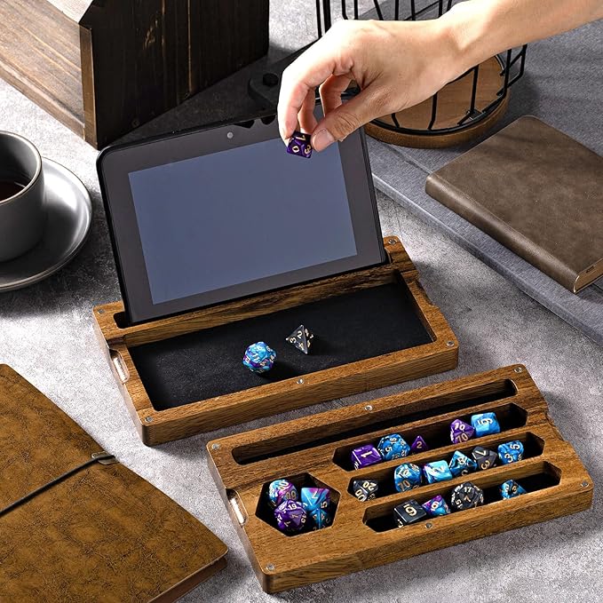 Walnut Dice Box 4.8 x 9 Inch Handmade Dice Tray for Rolling with Storage Phone Tablet Stand Magnetic Lock Secures Lid Portable Tray for Tabletop RPG Board Games Gift(Walnut,Regular)