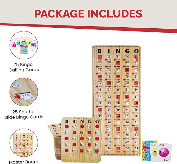 MR CHIPS Jam-Proof Bingo Cards with Sliding Windows, 25 Reusable Shutter Cards, 75 Calling Cards 1 Master Board in Tan Woodgrain Style