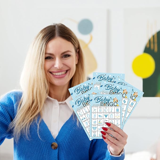 5"x7" Blue Baby Shower Bingo Cards (24 Kinds), Baby Shower Party Favors for Adult, Road Trip Activities, Travel Bingo, Family Outdoor Party Activity -004