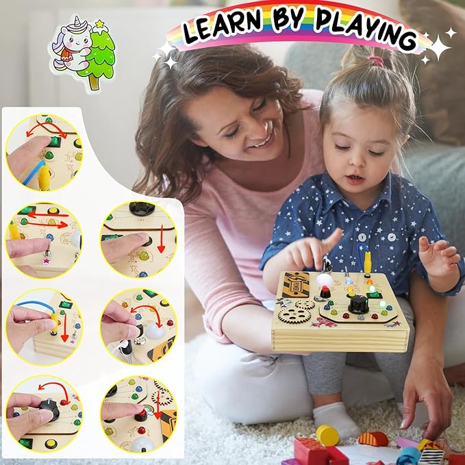 JAMIEWIN Montessori Busy Board with LED Light Switch for Toddlers 1-3, Wooden Sensory Board Travel Toys for Toddlers Baby, Montessori Toys Christmas Birthday Gifts for Boys Girls 1 + Year Old