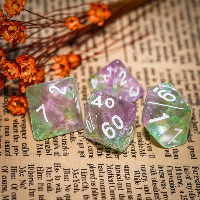 7-Die DND Dice Set Polyhedral Dice Set with a Leather Dice Bag, D&D Dice Set for Dungeons and Dragons, RPG, MTG Table Games (Green Pink/Glitter)
