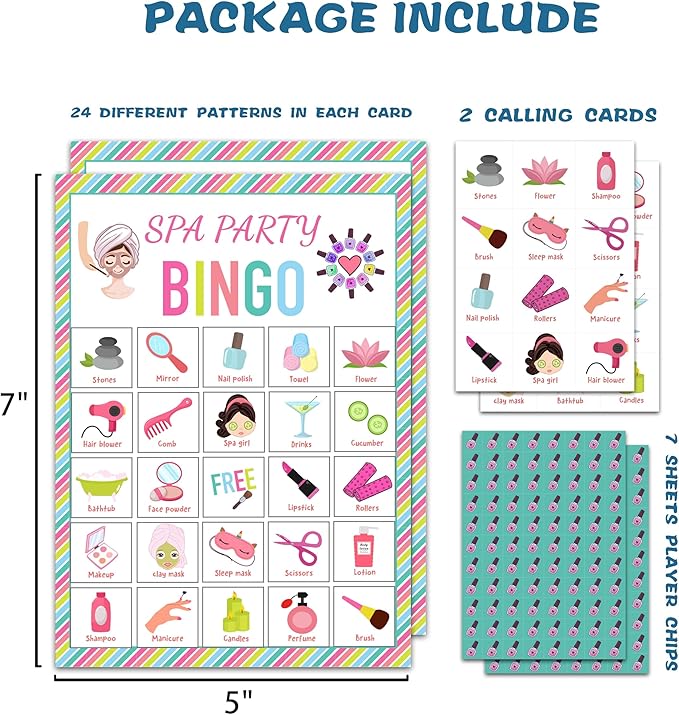 Spa Bingo Card Game for Adults - 24 Players Sleepover Party Supplies, Favors & Decorations