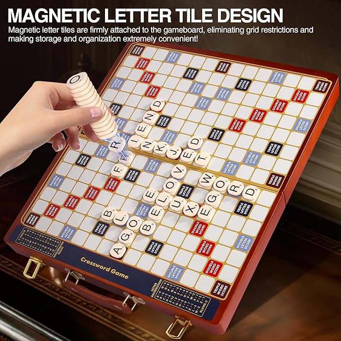 Crossword Game with Magnetic Letter Tiles, Foldable Board into Portable Carry Case, Luxury Edition Word Building Game with Rotating Wooden Board, Educational Family Game for 2-4 Players