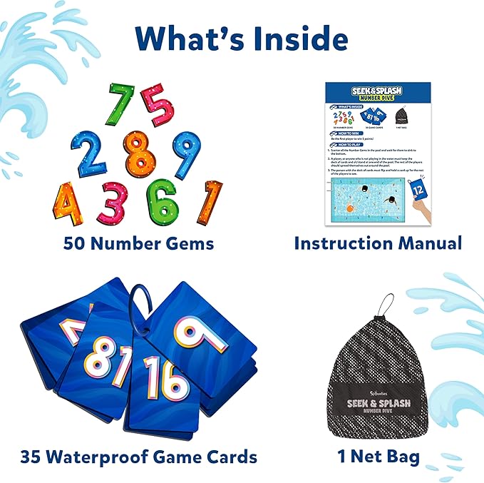 Skillmatics Pool Toys - Seek & Splash, Search & Find Water Game, Swimming Pool Number Dive Toy for Kids, Summer Fun & Gifts for Boys & Girls Ages 6, 7, 8, 9, 10, 11 & Up, Includes 50 Colorful Gems