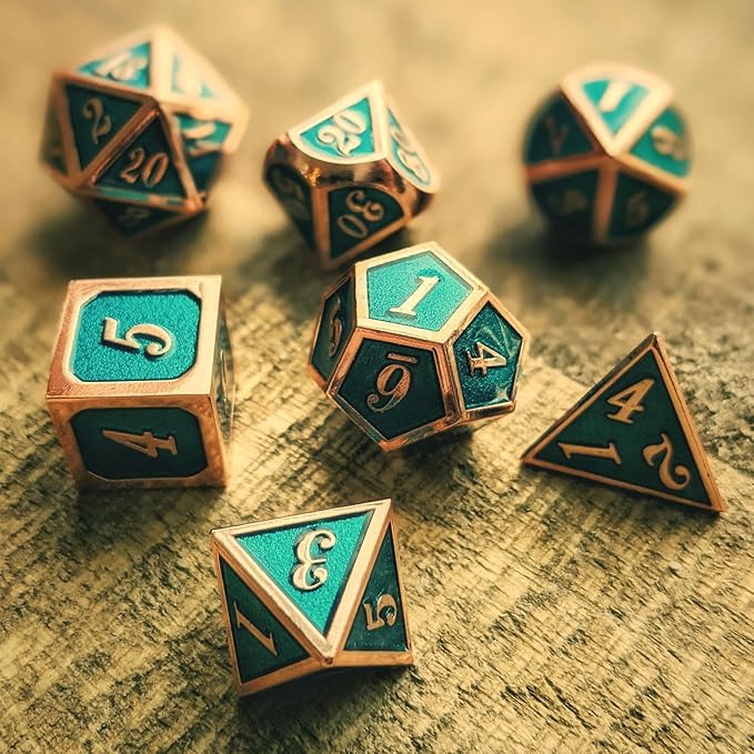 Haxtec DND Metal Dice Set Copper Teal Polyheral Dice for RPG D&D Dungeons and Dragons Gifts W/PU Leather Dice Bag