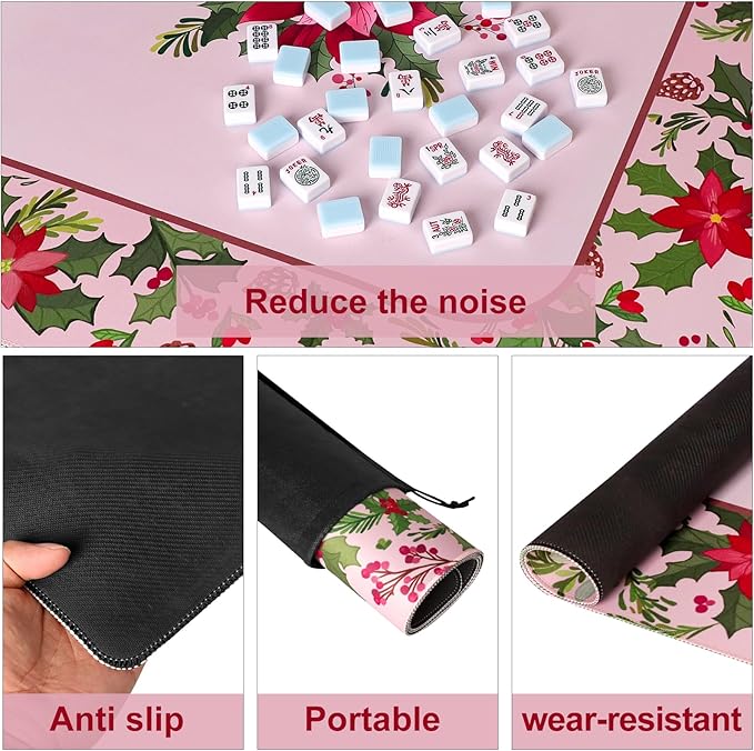 Large Mahjong Mat with Red & Green Floral Print, Anti-Slip, Noise-Reducing Table Cover for Mahjong, Poker, Board Games, Dominoes, and Card Games (31.5” x 31.5”)