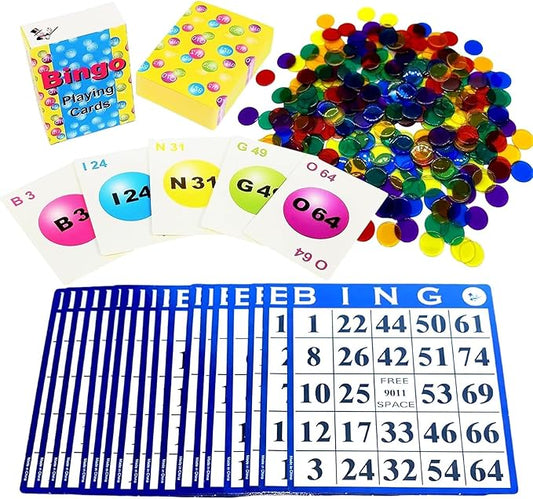 MR CHIPS Bingo Game 18 Cards and 300 Chips & Calling Cards Fun Games for Family, Reusable Kids