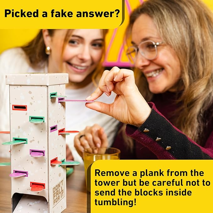 Don’t Fall for It! Family Board Game – Team Party Game of Real vs Fake Answers – Avoid The Tower Drop, Remove Planks Carefully, and Dodge 11 Blocks to Win – Ages 10+