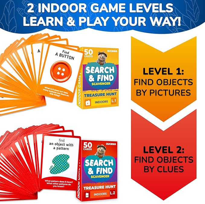 QUOKKA Scavenger Hunt for Kids Ages 4-8 - 250+ Indoor Outdoor Activities for Kids Ages 6-8 - Camping Backyard Outdoor Games for 3-6 Year Olds - Pocket Travel Toys for Boys Girls and Family