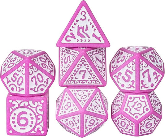 7-Die DND Dice Set New Pattern Polyhedral Dice Set with Leather Bag D&D Dice Set for Dungeons and Dragons RPG MTG Table Games(Pink White)