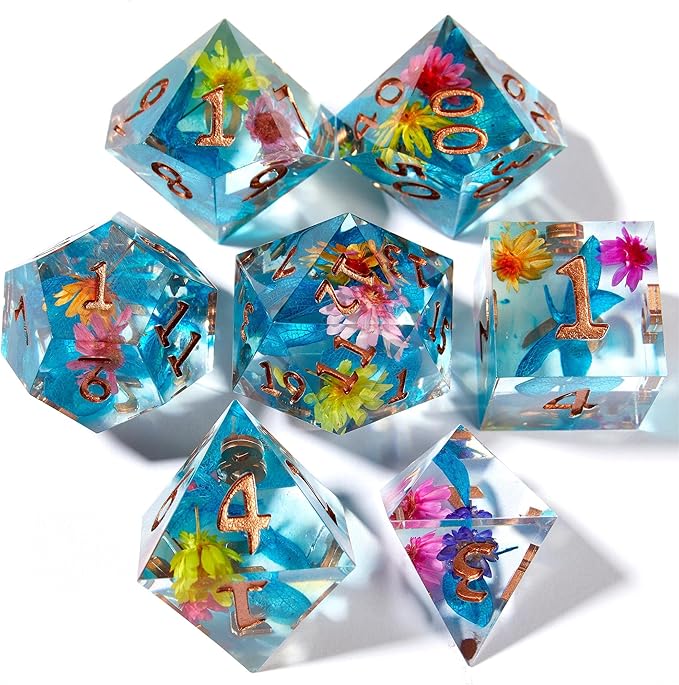 Resin DND Dice Set, Sharp Edge Flower Floral D&D 7-Die for Dungeons and Dragons, Resin Dice D and D, 7PCS Die for RPG Role Playing Games D&D Starter Kit