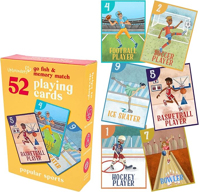 Upbounders- Sports Go Fish Cards for Boys Girls, Beginner Matching Pairs Family Game for Toddlers, Fun Numbers Flash Cards with Diverse Children