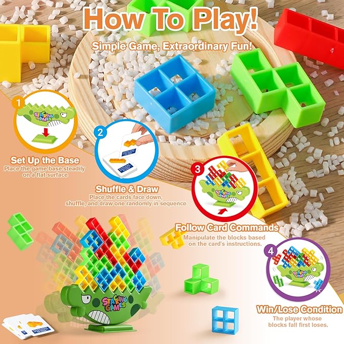 Tetra Tower Game, 64 PCS Board Games Kids and Stacking Blocks - Perfect Family Games for Kids and Adults, Ideal for Team Games, Building Games - Engaging and Exciting