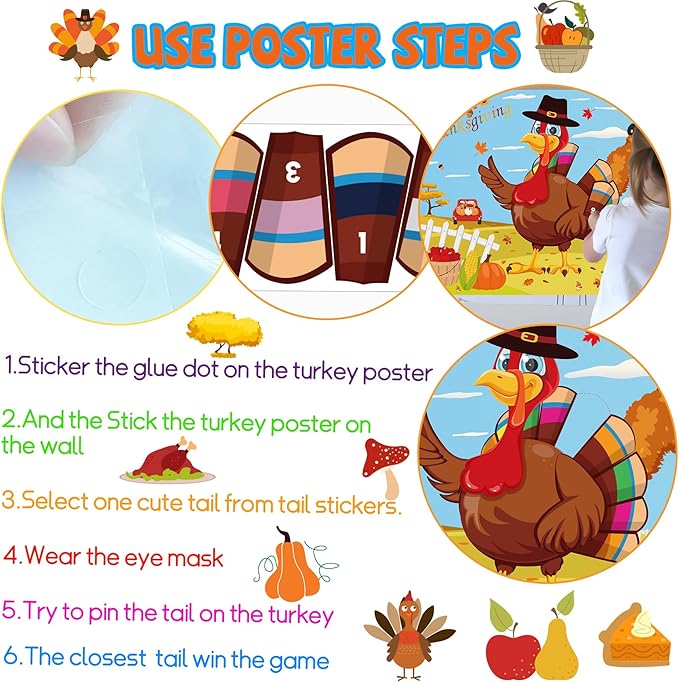 Thanksgiving Games for Kids Pin The Tail On The Turkey with 20pcs Turkey Tails Stickers Turkey Games for Kids Thanksgiving Party Activities Favors Fall Festival Games Friendsgiving Party Games