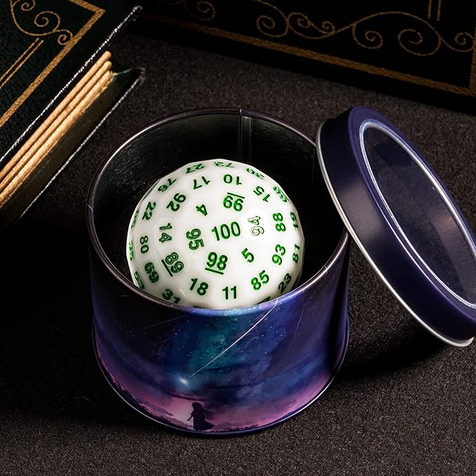 Upgraded D100 Die - 100 Sided Polyhedral Dice 50mm for D&D Games - Single Cube With Metal Storage Tin (White/Green Font)