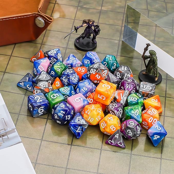 CiaraQ DND Polyhedral Dice Set (42pcs) with 6 Gold Pattern Drawstring Pouches for Dungeons and Dragons RPG MTG Table Games. 6 X 7 Double-Colors Dice Sets (D4 D6 D8 D10 D% D12 D20)