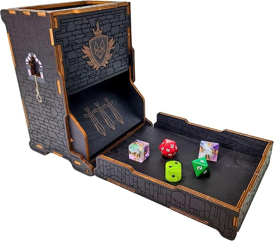 FOXBITE Dice Tower for Dungeons and Dragons Tower with Tray Wood Laser Etched DND Portable and Collapsible Dice Roller Perfect for Board Game and Tabletop RPG, Natural Wood Carved and Printed 5e