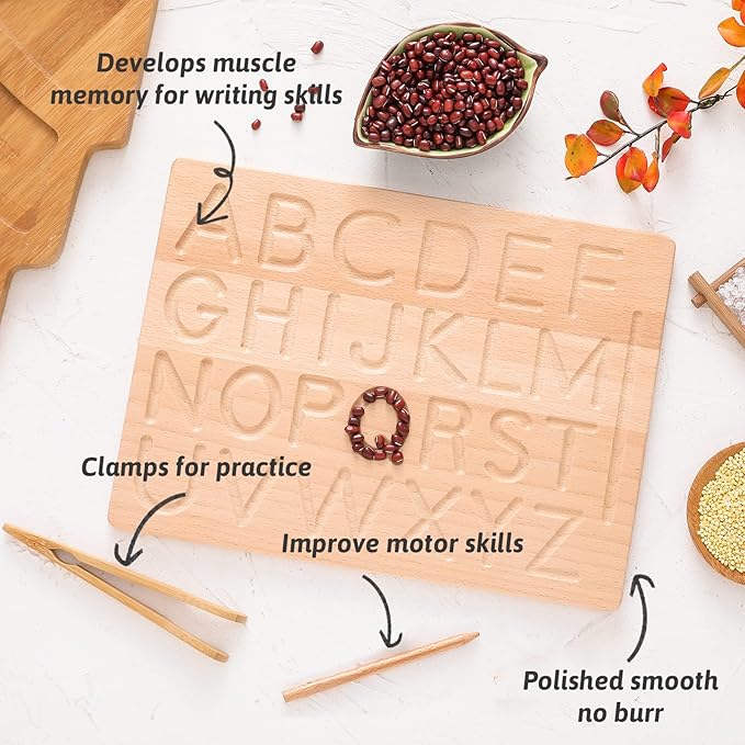 bopoobo Wooden Double-Sided Bead Board with Wooden Alphabet Tracing Board Montessori Color Sorting Toy Math Counting Game for Kids Letter Tracing for Kids Ages 3-5 - Learn to Write