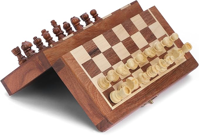 Ajuny Magnetic Travel Chess Set - Handcrafted Acacia Wood, Foldable Board with Elegant Storage Ages