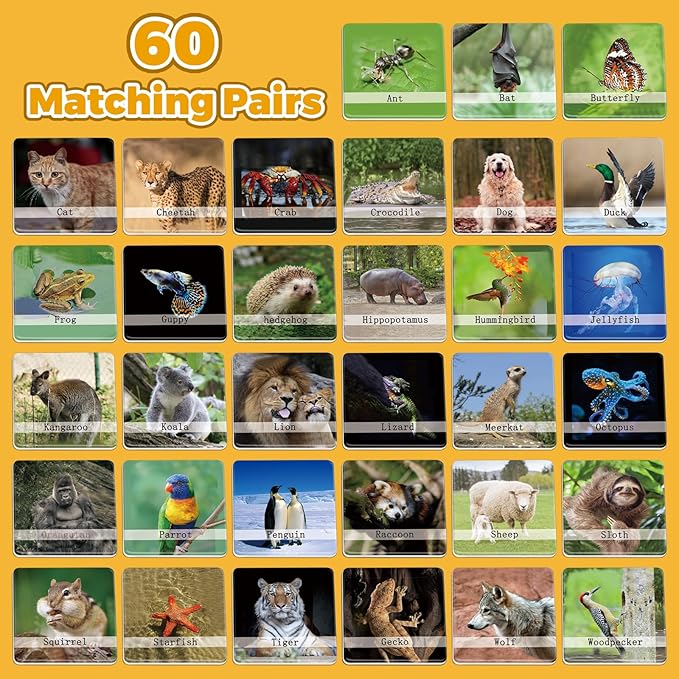 GOLDGE 120PCS Memory Match Game for Kids | Animal Theme | Educational Toddler & Preschool Activity | Boys, Girls, & Family Fun | Board Game