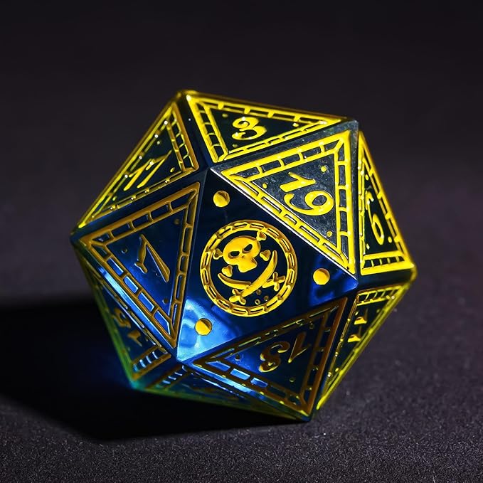Cusdie 7-Piece Sharp Edges DND Dice Set with Pirate Design - Perfect for Tabletop RPGs Board Games Gifting and Collecting(Blue w/Yellow Pirate Pattern)