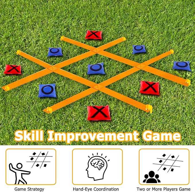 Tic Tac Toe Game - 4 Ft x 4 Ft Giant Bean Bag Toss Tic Tac Toe Outdoor Game for Backyard, Camping, Lawn, Fun Outdoor Games for The Family and Kids - Portable Yard Game Requires No Assembly