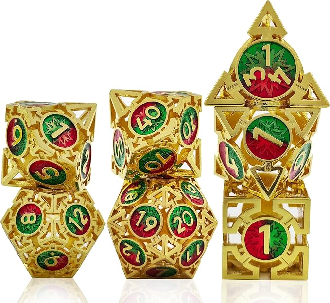 Metal DND Dice Set - D&D Dungeons & Dragons Polyhedron Metal Hollow Dice 7 Piece Set Board Game Cosplay Dice Accessories Gift MTG Pathfinder - Red & Green