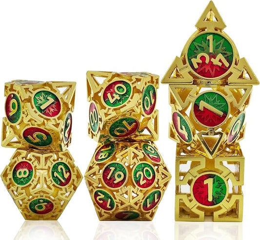 Metal DND Dice Set - D&D Dungeons & Dragons Polyhedron Metal Hollow Dice 7 Piece Set Board Game Cosplay Dice Accessories Gift MTG Pathfinder - Red & Green