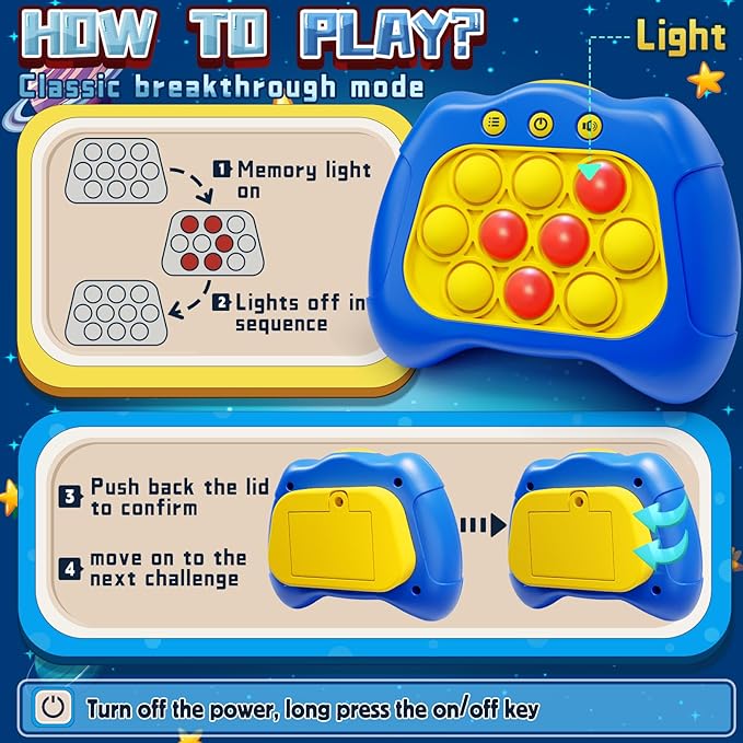 Quick Push Game，Pop Game Fidget Toys, Fast Push Bubble Game, Handheld Puzzle Game Sensory Toys ，Light Up Push Pop Game for Kids 3-12 Girls and Boys Teens Adults Decompression (Blue)