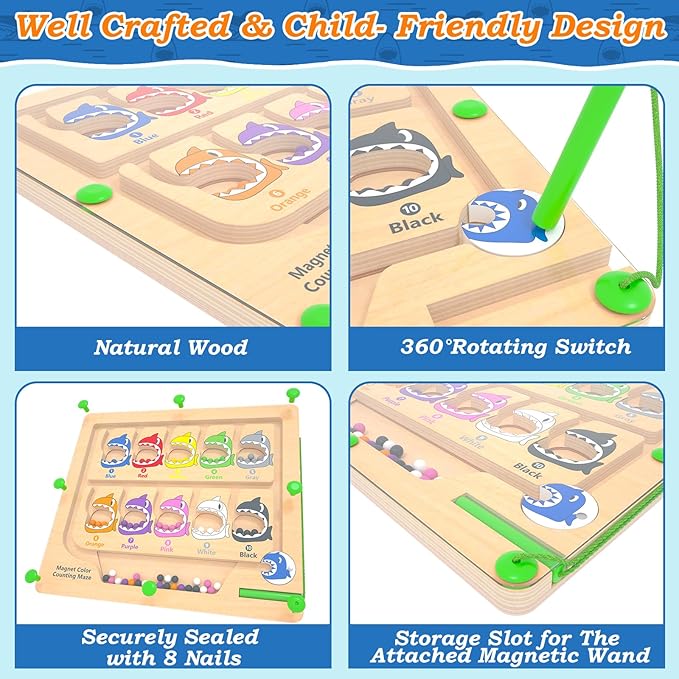 Magnetic Color & Number Maze, Montessori Counting Matching Toys, Wooden Magnet Maze Board Game Toys, Montessori Fine Motor Skills GIFS for 3 4 5 Years Old Preschool Learning Activities