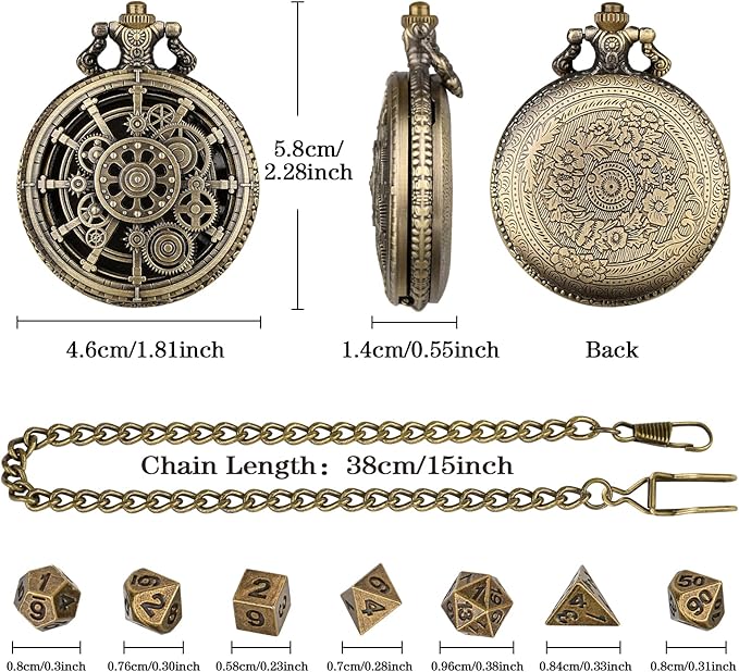 Mini DND Dice Set with Steampunk Hollow Gear Pocket Watch Shell Case, 7pcs Polyhedral Metal D&D Dice, DND Gifts with Gift Box for DND Fans, Role Playing Board Games Accessories