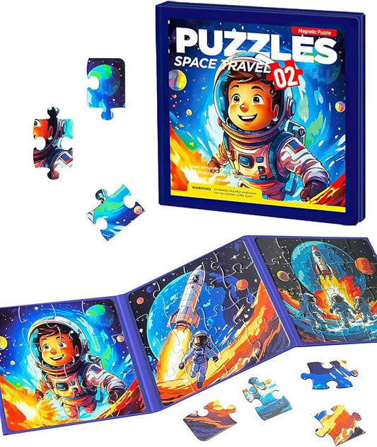 Magnetic Puzzles for Kids Ages 3-5, 3 in 1 Jigsaw Puzzle Book, Animal Car Activities Travel Puzzles for Toddlers Boys and Girls, Learning Magnet Toy for Road Trip(Rocket)