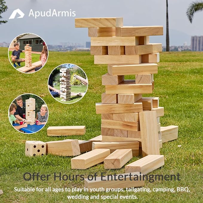 ApudArmis Giant Tumble Tower (Stack from 2Ft to Over 4.2Ft), 54 PCS Pine Wooden Stacking Timber Game with 1 Dice Set - Classic Block Giant Outdoor Game for Teens Adults Family
