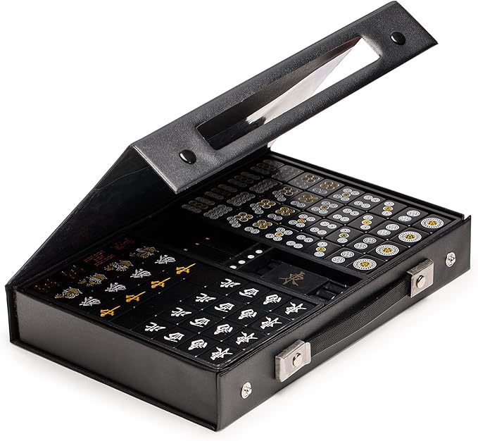 Yellow Mountain Imports Japanese Riichi Mahjong Set - Black Standard Size Tiles and Vinyl Case - with East Wind Tile, Set of Scoring Sticks, & Dice
