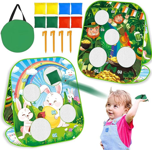 2 in 1 Easter & St Patricks DayBean Bag Toss Games for Kids - Fun Leprechaun & Bunny Tossing Games, Perfect Outdoor Yard Toys & Party Favors for Ages 4-8
